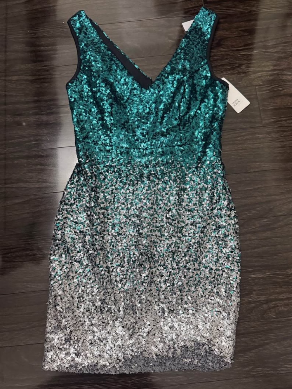 Sequined Ombre V-Neck Cocktail Dress - Teal & Silver